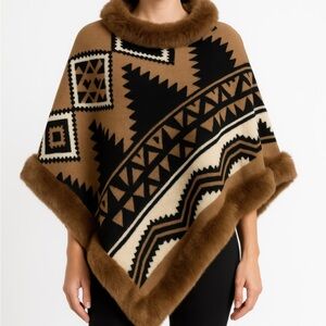 Tribal Luxe Faux Fur Trim Poncho